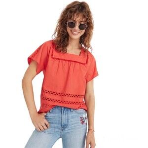 Madewell S Cotton Eyelet Angelica Top in Red-Orange